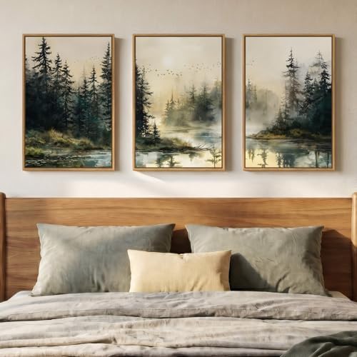 Framed Vintage Foggy Lake Landscape 3 Piece Wall Art Bedroom, 16x24 Inch by Cuspin