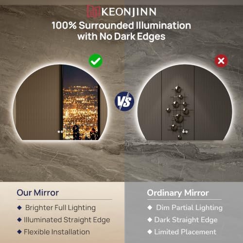 Keonjinn 36x30 Inch Half Moon Backlit Mirror, Shatter-Proof Tempered Glass - Image 3