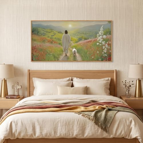 LHIUEM Large Jesus and Lamb Christian Framed Canvas Wall Art, Leaves The 99 - Image 4