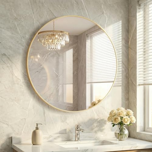 36 Inch Gold Round Bathroom Wall Mirror, Round Mirrors by HAPPYMONTLLC