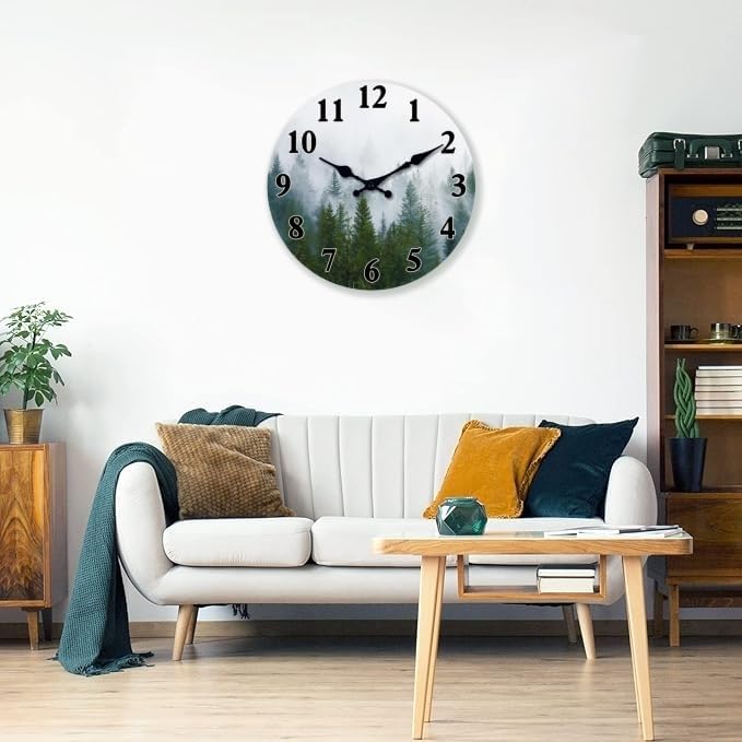 XFM Green Wooden Wall Clock Battery Operated 16 Inch Misty Forest - Image 6