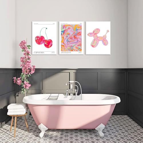 Framed Pink Preppy Wall Art Set of 3 Trendy Cute Balloon Dog Cherry Posters - Image 3