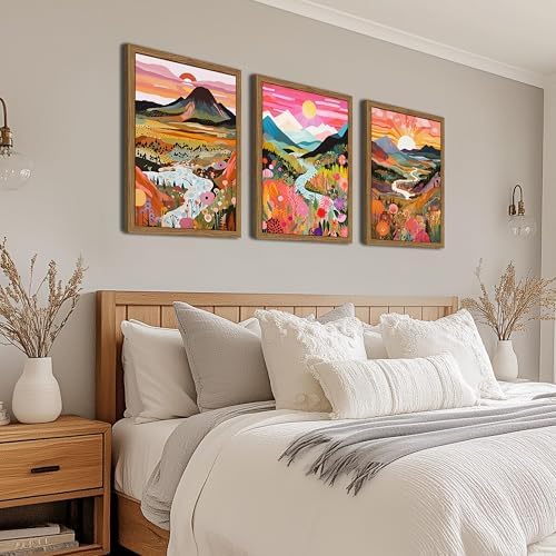 Wood Framed Boho Colorful Landscape Canvas Wall Art Set of 3 - Image 3