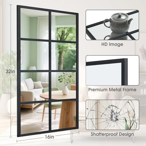 DUMOS Wall Mirror 16" x 32", Rectangle Window Pane Decorative Mirrors, Metal - Image 2