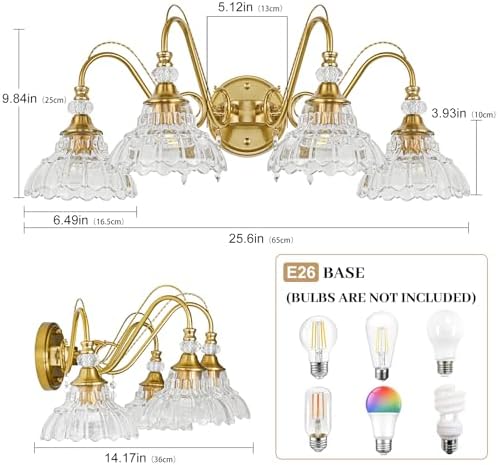 Vintage Bathroom Vanity Light, 4-Light Brushed Gold Finish Wall Sconce - Image 6