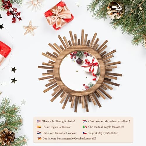 12 Inch Boho Sunburst Mirror, Round Wooden Wall Decor Starburst Sun Mirror - Image 6
