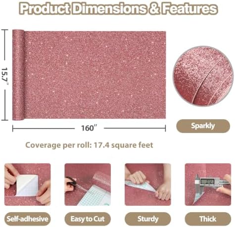 Rose Gold Glitter Wallpaper Sparkly Pink Contact Paper 15.7"x160" - Image 3