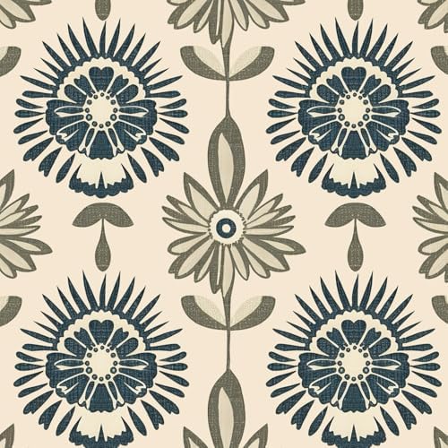 BOKEBEVE Boho Floral Peel and Stick Wallpaper Beige Blue 17.5 x 78.5In by BOKEBEVE