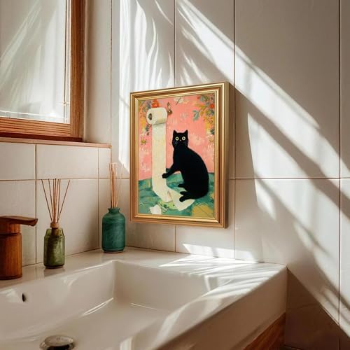 ICHZUMW Gold Framed Funny Black Cat Toilet Paper Canvas Wall Art, 8x10 In - Image 5