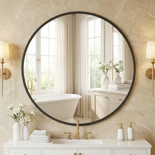 NEWBULIG 28 Inch Round Wall Mirror, Bathroom Mirrors by NEWBULIG