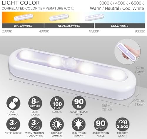 STAR-SPANGLED 7” Dimmable LED Stick on Push Tap Lights AAA Battery, 3 Pack - Image 3