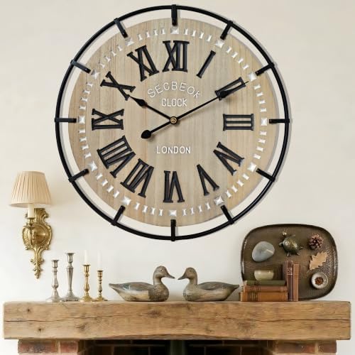 30 Inch Oversized Farmhouse Wall Clock, Metal Rustic Wood by Unknown