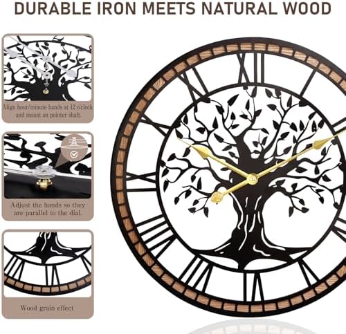 24" Tree of Life Wood and Metal Wall Clock, Rustic Decor - Image 3
