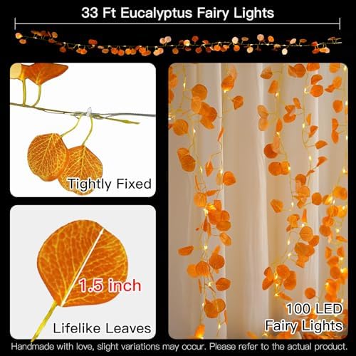 suddus Vine with Fairy Lights Battery Operated, 33ft 100 LED Eucalyptus Leaf - Image 5