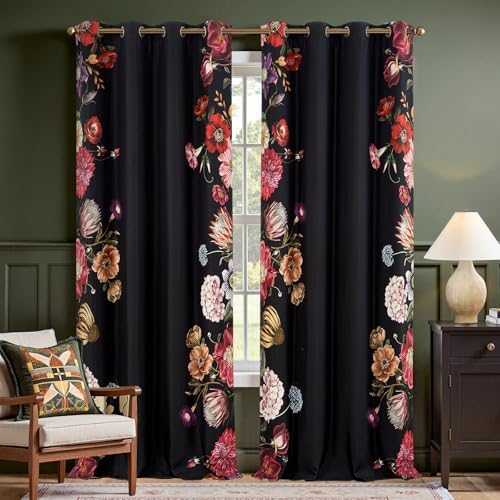 jinchan Black Floral Blackout Curtains 96 Inch Vintage Grommet 2 Panels by JINCHAN