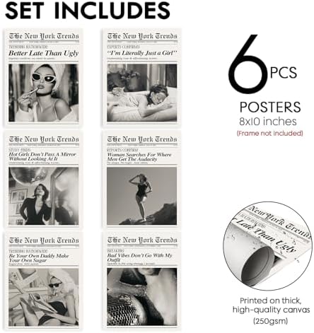 Trendy Feminist Newspaper Wall Art Prints of 6, Retro Black and White Vogue - Image 4