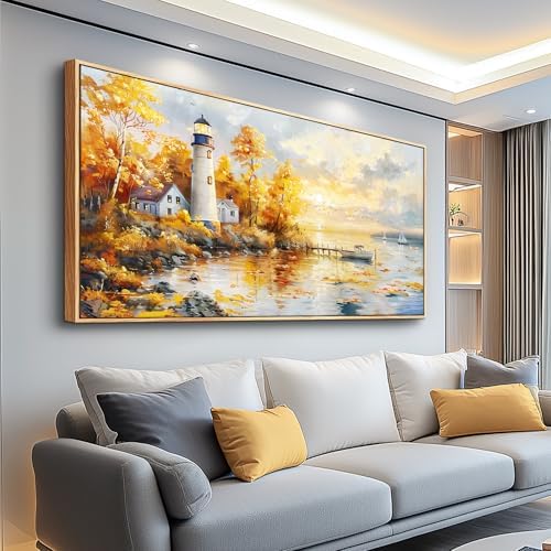 Ocean Beach Canvas Wall Art for Bedroom Lighthouse Seascape Painting 30x60 by XIGUANGART