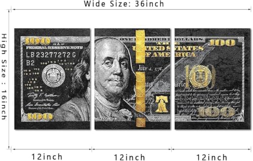 Yatsen Bridge Money Wall Art Black and Gold 3 Panel 100 Dollar Bill Canvas Print - Image 5