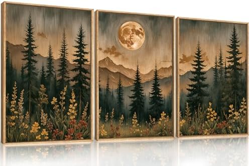 Vintage Moonlight Forest Mountain Framed Canvas Wall Art Set- 24"x36"x3 - Image 5