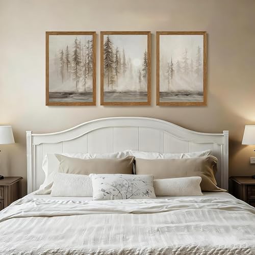 Urmoya Triptych Neutral Misty Forest Framed Canvas Wall Art, 16x24 inch x3 - Image 2