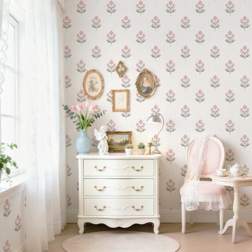 Safiyya Pink Floral Peel and Stick Wallpaper Striped Contact Paper Modern - Image 5