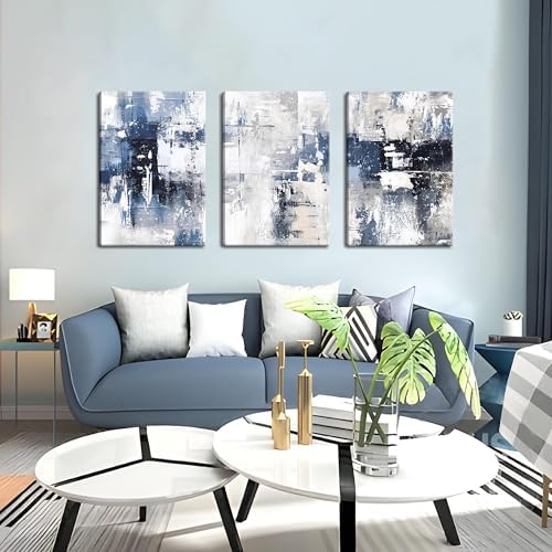 Abstract Blue and White Wall Art Set of 3, Modern Simple Navy Framed Canvas - Image 2