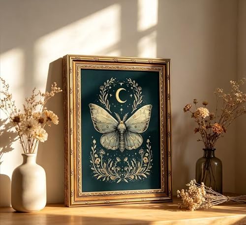 Vintage Gold Framed Celestial Moth Crescent Moon Wall Art Gothic Moody Ethereal - Image 2