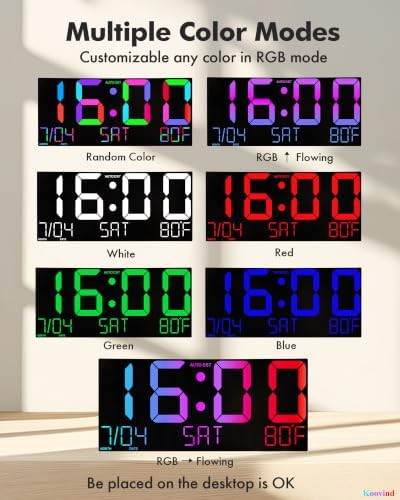 16" Large Digital Wall Clock, Corded RGB LED Clock - Image 3