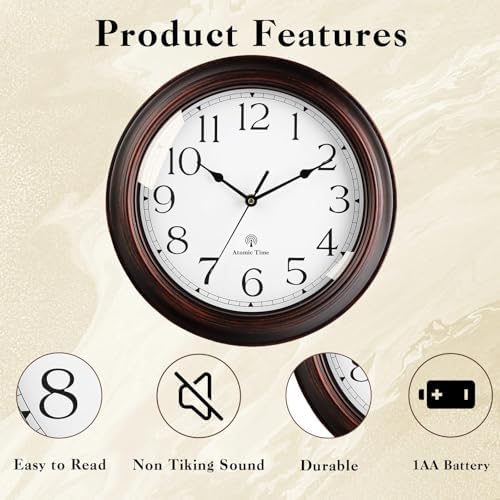 KECYET Atomic Wall Clock 10" Silent Non-Ticking Vintage Battery Operated - Image 5