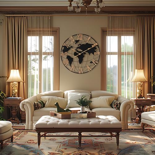 Pytha Sight 36 Inch Large Extra Metal Oversized Roman World Map Wall Clock - Image 4