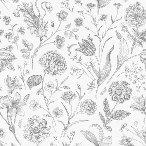 White Grey Vintage Floral Peel and Stick Wallpaper 17in x 197in by lenify