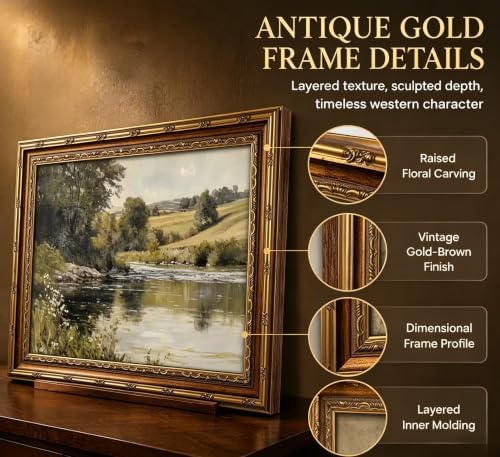 Vintage Gold Framed Wall Art Retro Rustic Farmhouse Green Nature Landscape - Image 4