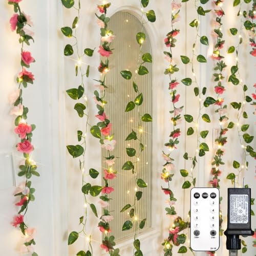 suddus 300 LED Artificial Flower Garland Pothos Vines Curtain Lights, Rose by SUDDUS