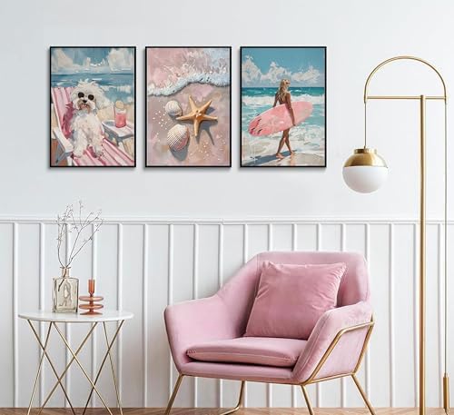 Uofnvrji 3Pcs Pink Beach Preppy Wall art Retro Beach seashell and starfish - Image 6
