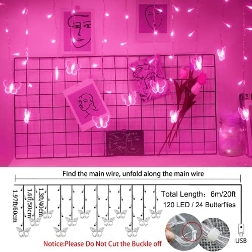 Butterfly Curtain Fairy Lights USB Plug in, 120 LED 8 Modes 20FT Firefly - Image 3