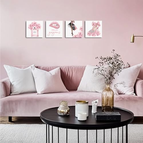 Pink Fashion Canvas Wall Art, Perfume High Heels Lipstick Beauty Wall Decor - Image 3
