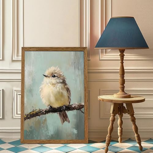 AVECCO Cute Funny Fluffy Bird on Branch Wall Art Canvas Framed 20x30 inches - Image 3