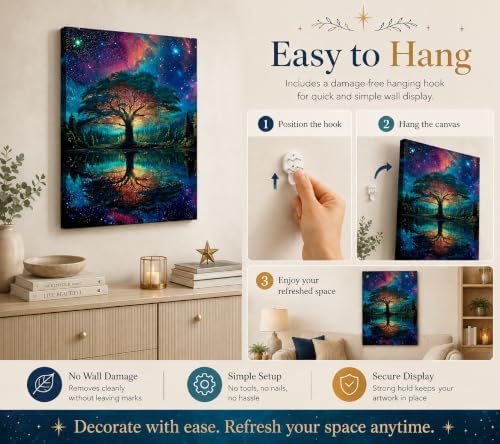 Framed Canvas Tree of Life Wall Art, Vibrant Galaxy Tree Lake Reflection Poster - Image 3
