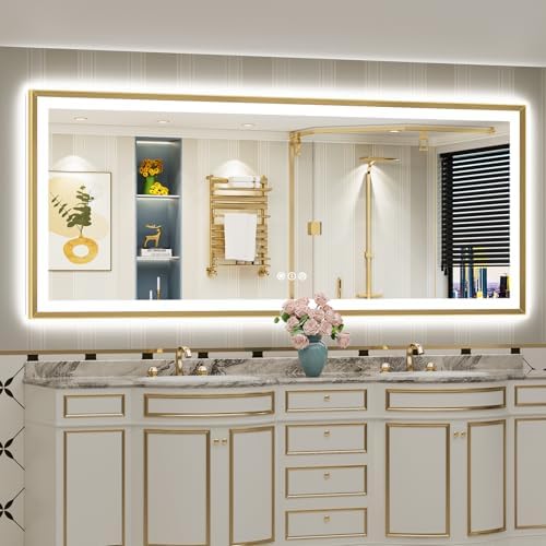 88x38 Gold Beveled LED Lighted Bathroom Mirror, Backlit & Front Lit by Awandee
