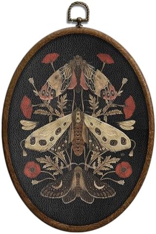 Moths and Poppy Flower Wall Decor, Boho Printed Canvas Oval Wall Hanging by Unknown