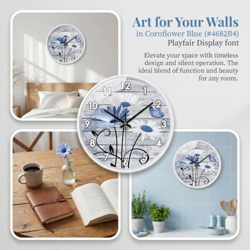 Rustic Wood Board Daisy Butterfly Blue and White wall clock Silent Non Ticking - Image 3