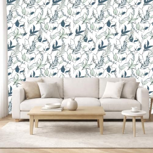 Sage Green and Blue Leaf Peel and Stick Wallpaper 17.7in x 213in - Image 6