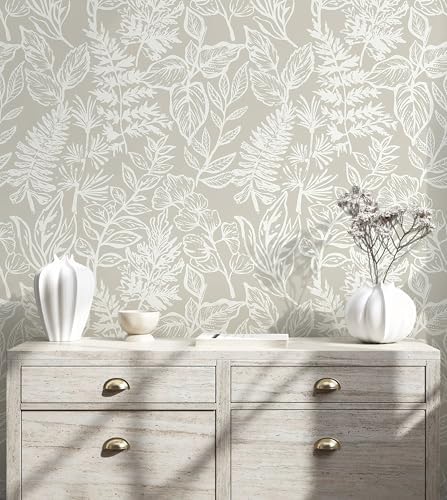 Safiyya Leaf Peel and Stick Wallpaper Beige and White Contact Paper Peel and - Image 2
