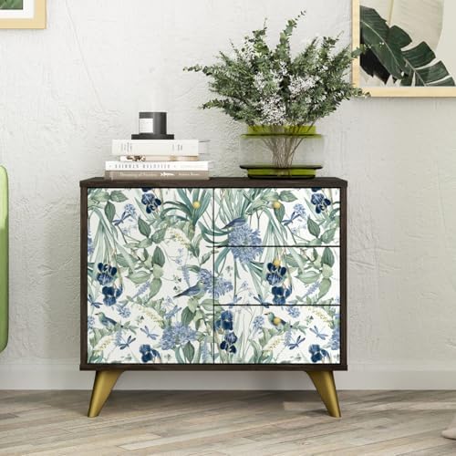 Floral Wallpaper Peel and Stick Flower Bird Blue Vinyl 17in x 118in - Image 3