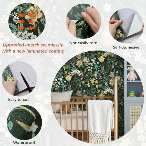 Floral Peel and Stick Wallpaper Boho Vintage Dark Green 118’’17.3’’ - Image 2