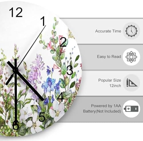 Flower Wall Clock, Watercolour Flower Herb Nature Plant Floral Butterfly Round - Image 3