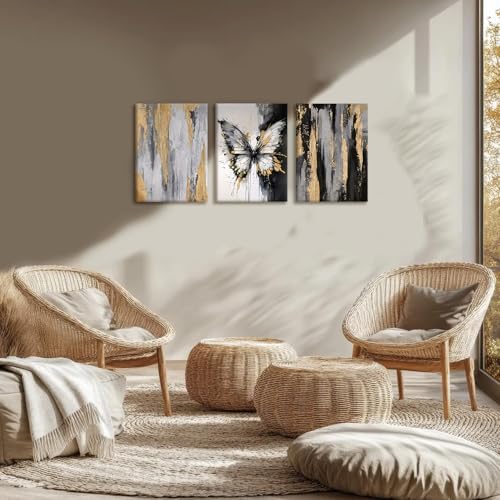 NCCXNCC 3Pcs Abstract Black and Gold Flowing Butterfly Canvas Wall Art - Image 6
