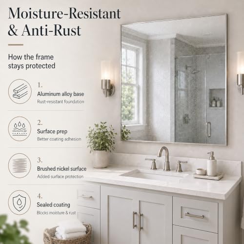 36"x36" Brushed Nickel Framed Square Bathroom Vanity Wall Mirror - Image 5