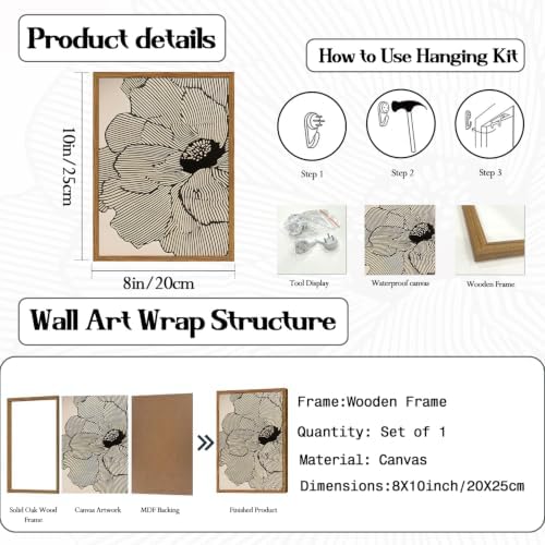Framed Boho Floral Canvas Wall Art, Neutral Black Flower Pictures Wall Decor - Image 5
