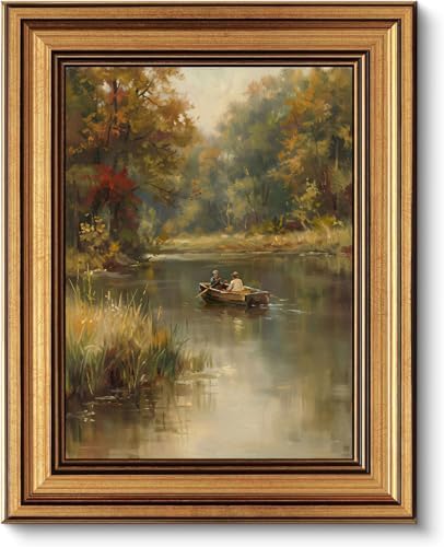 Gold Framed Wall Art, Country Fisherman Canvas Prints, Vintage Rowboat River by YDNAKLX